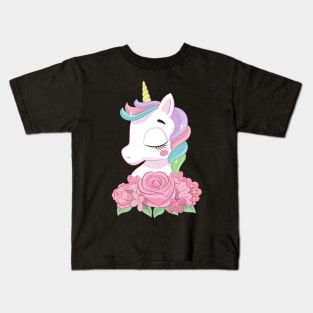 cute magical unicorn with flowers tshirt Kids T-Shirt